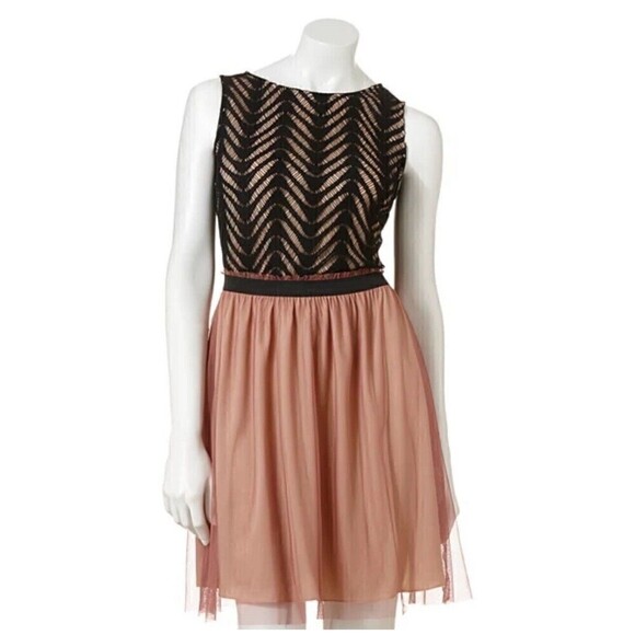 Juniors 5 Speechless Sleeveless Dress Lace Black Tulle Pink Overlay Skirt - Picture 1 of 10